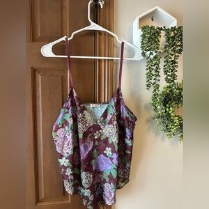 Floral Satin V-Neck Camisole Tank Top - Burgundy Floral
